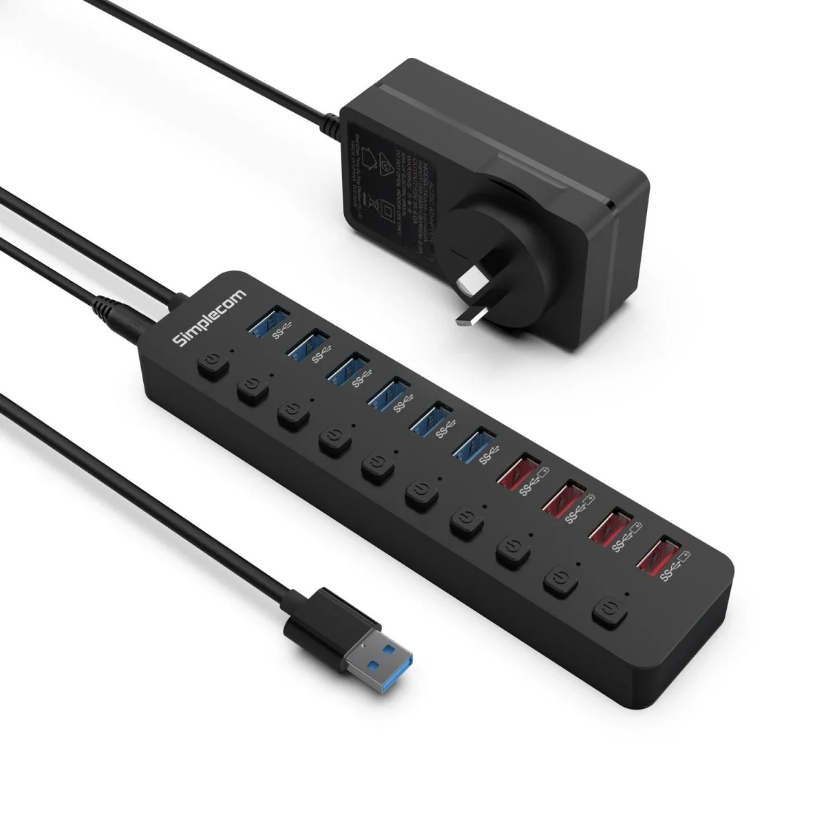 Simplecom CHU810 48W 10-Port USB 3.0 Hub and Charger with Individual Switches